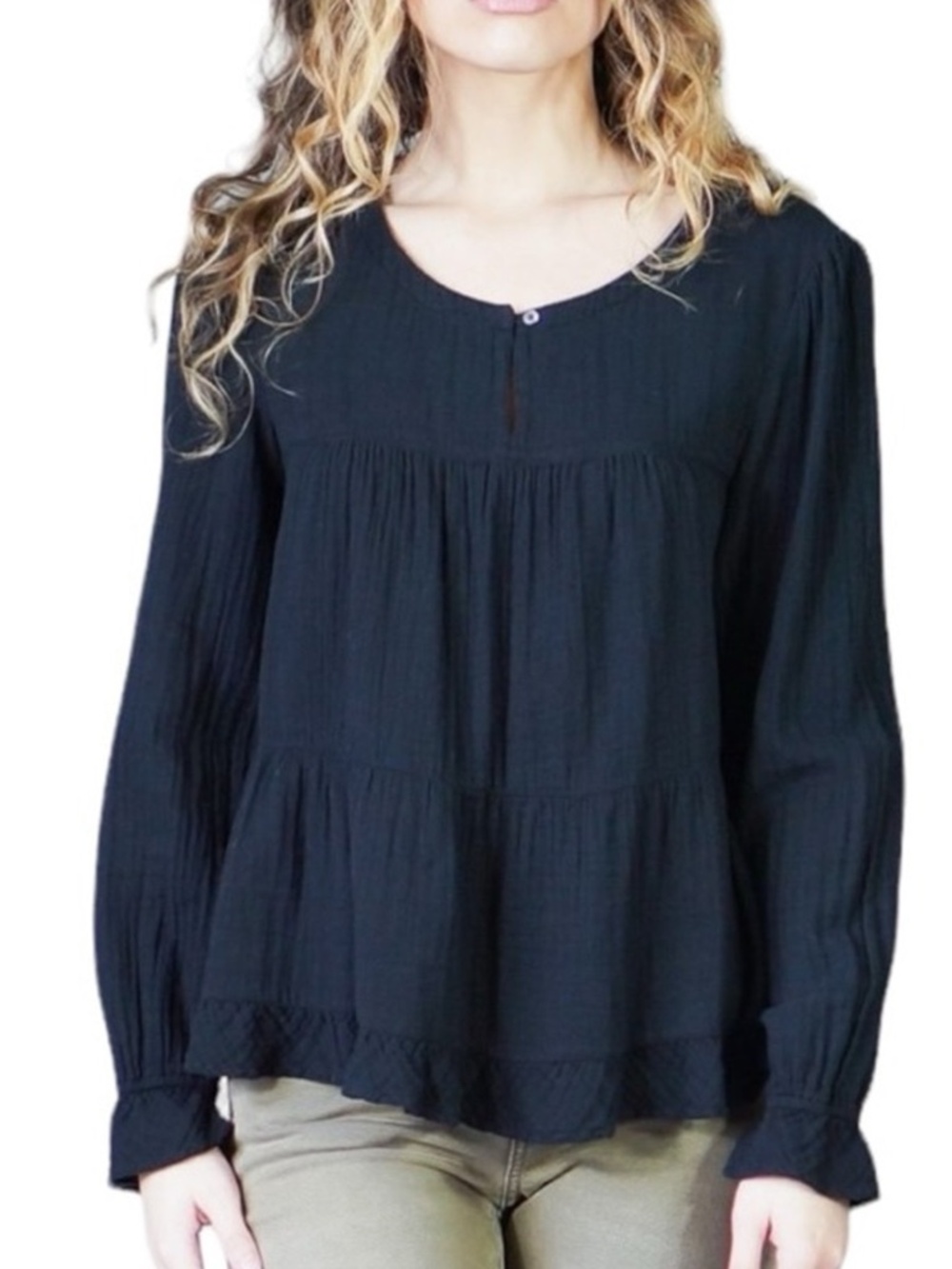 XiRENA Gigi Blouse Top Boho Tiered Babydoll Black Women's Sz L Blouse